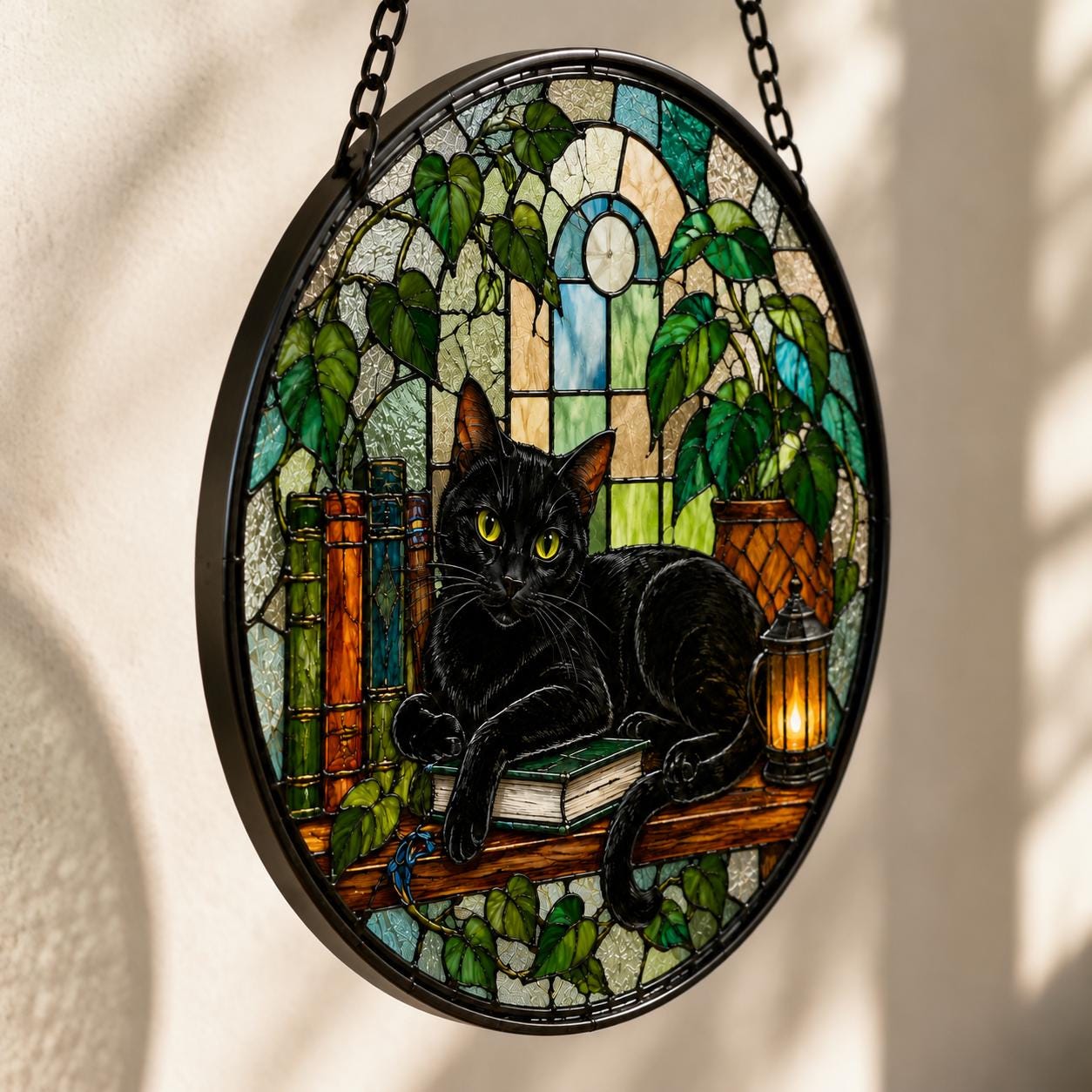 Black Cat Stained Glass Suncatcher, Cat & Book Glass Decor, Botanical Cat Window Hanging, Round Stained Glass Art, Gift for Cat Lovers