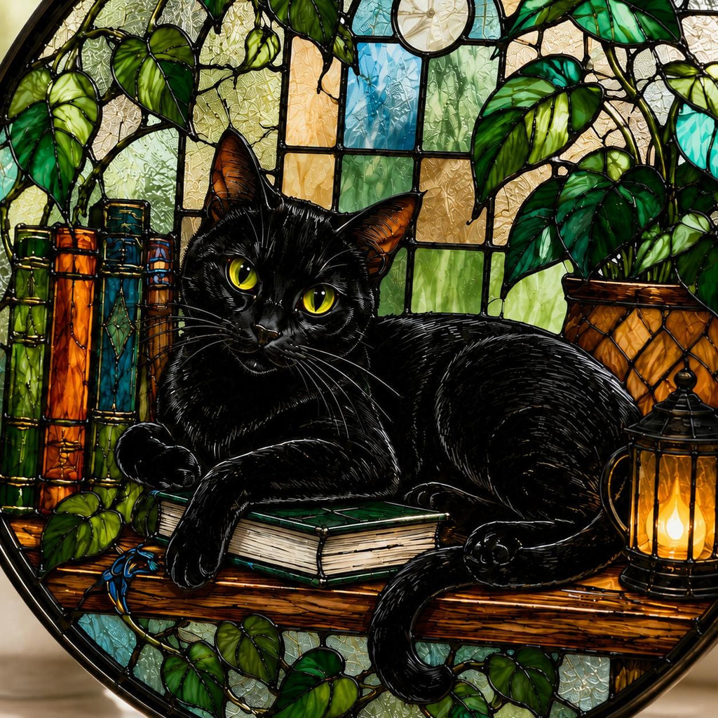 Black Cat Stained Glass Suncatcher, Cat & Book Glass Decor, Botanical Cat Window Hanging, Round Stained Glass Art, Gift for Cat Lovers