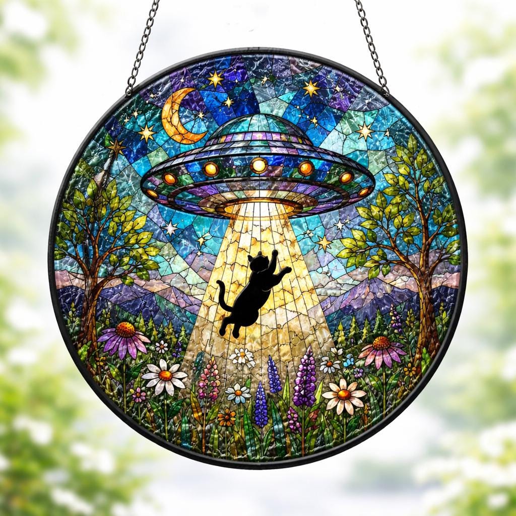 UFO Abduction Black Cat Stained Glass Suncatcher, Alien Spaceship Window Hanging, Funny Cat Lover Gift, Sci-Fi Decor, Rainbow Sun Catcher