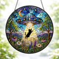 UFO Abduction Black Cat Stained Glass Suncatcher, Alien Spaceship Window Hanging, Funny Cat Lover Gift, Sci-Fi Decor, Rainbow Sun Catcher