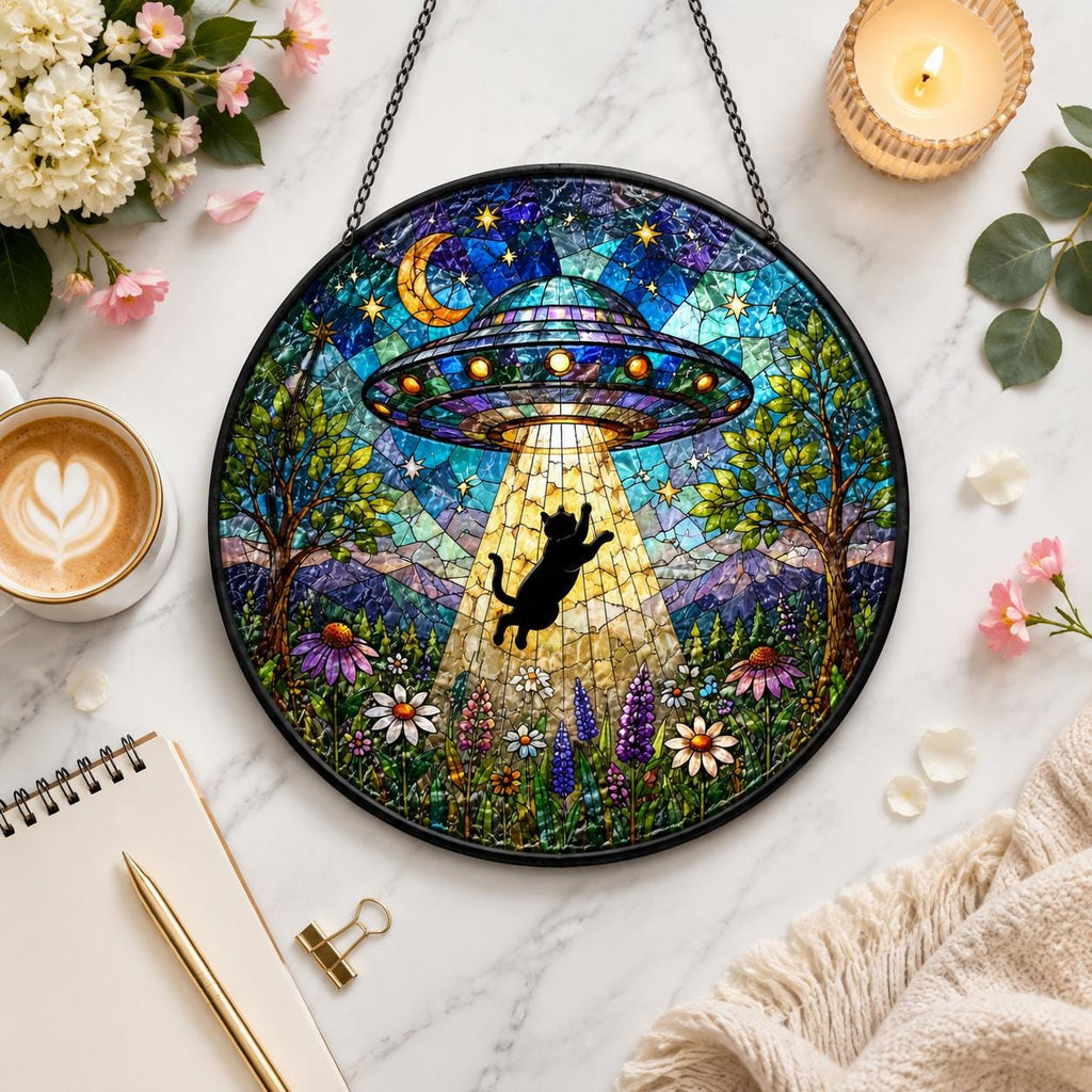 UFO Abduction Black Cat Stained Glass Suncatcher, Alien Spaceship Window Hanging, Funny Cat Lover Gift, Sci-Fi Decor, Rainbow Sun Catcher
