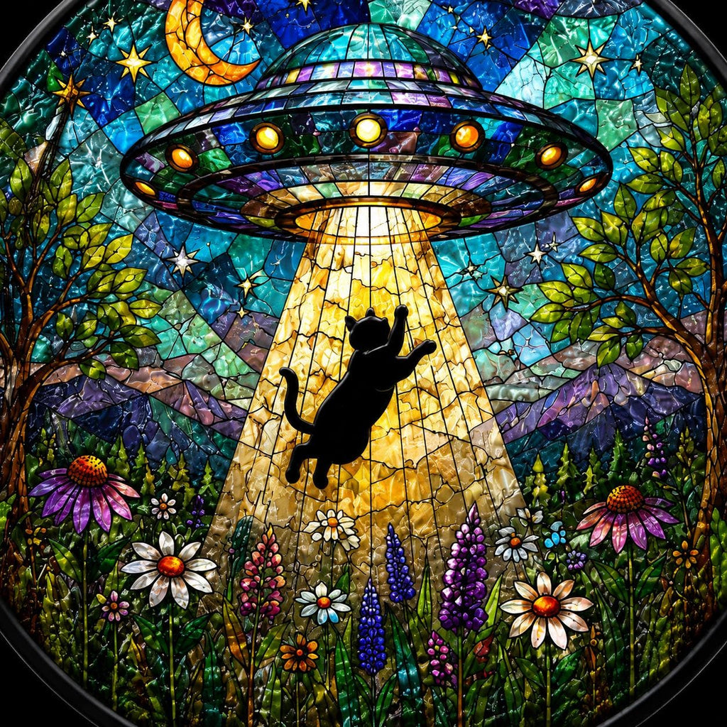 UFO Abduction Black Cat Stained Glass Suncatcher, Alien Spaceship Window Hanging, Funny Cat Lover Gift, Sci-Fi Decor, Rainbow Sun Catcher