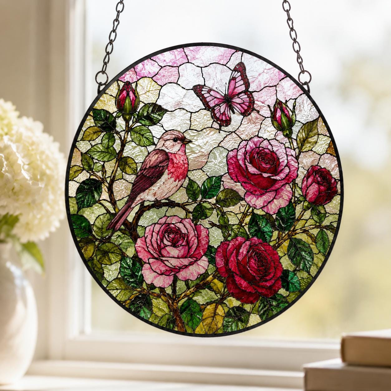 Rose Stained Glass Suncatcher, Rose Window Hanging, Pink and Red Rose Flower Garden Decor, Mother's Day Gift, June Birthday Gift