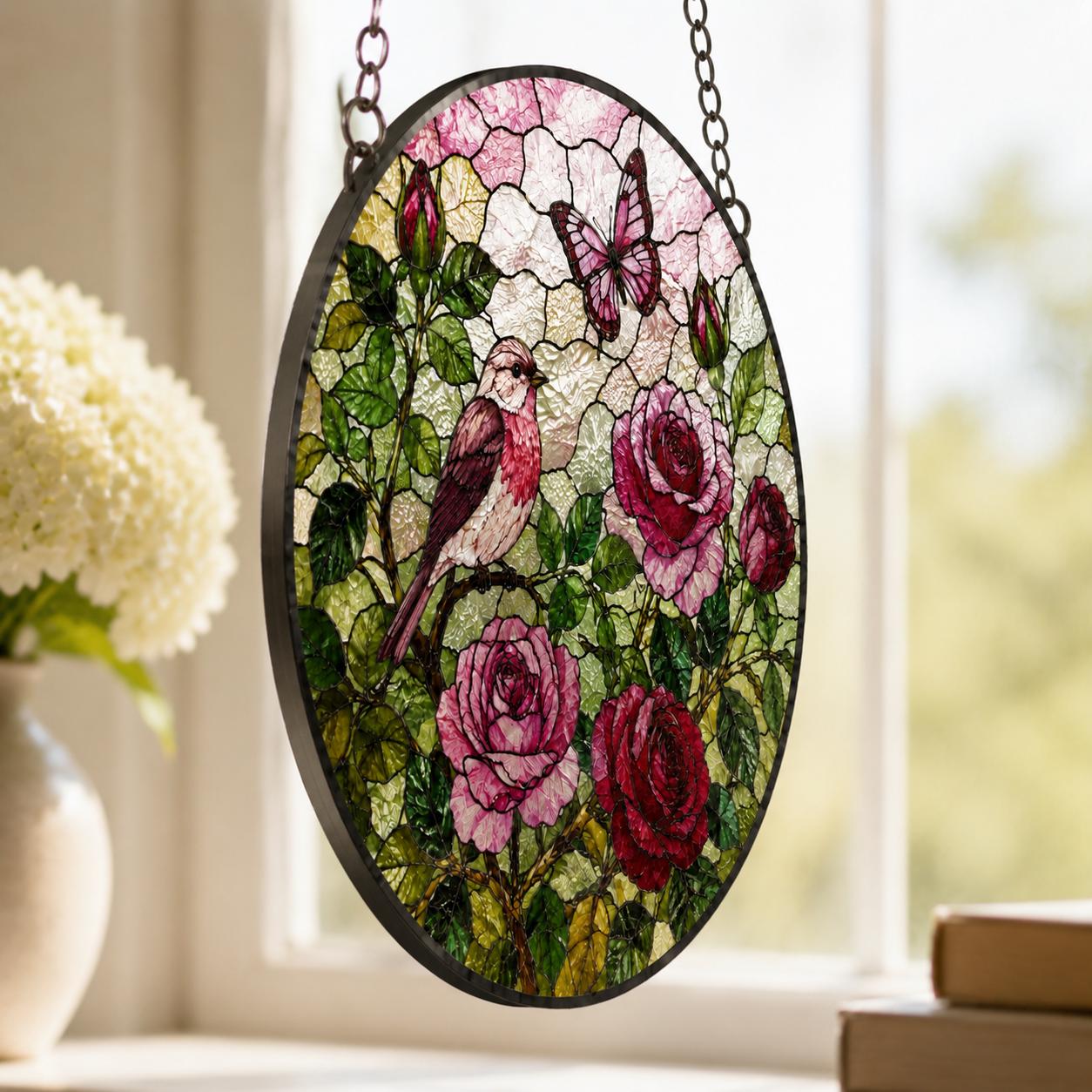 Rose Stained Glass Suncatcher, Rose Window Hanging, Pink and Red Rose Flower Garden Decor, Mother's Day Gift, June Birthday Gift