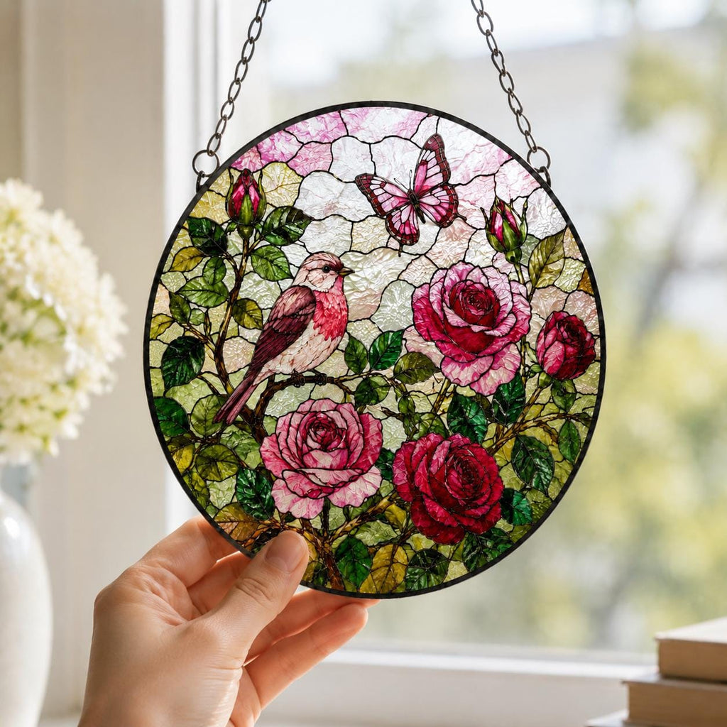 Rose Stained Glass Suncatcher, Rose Window Hanging, Pink and Red Rose Flower Garden Decor, Mother's Day Gift, June Birthday Gift