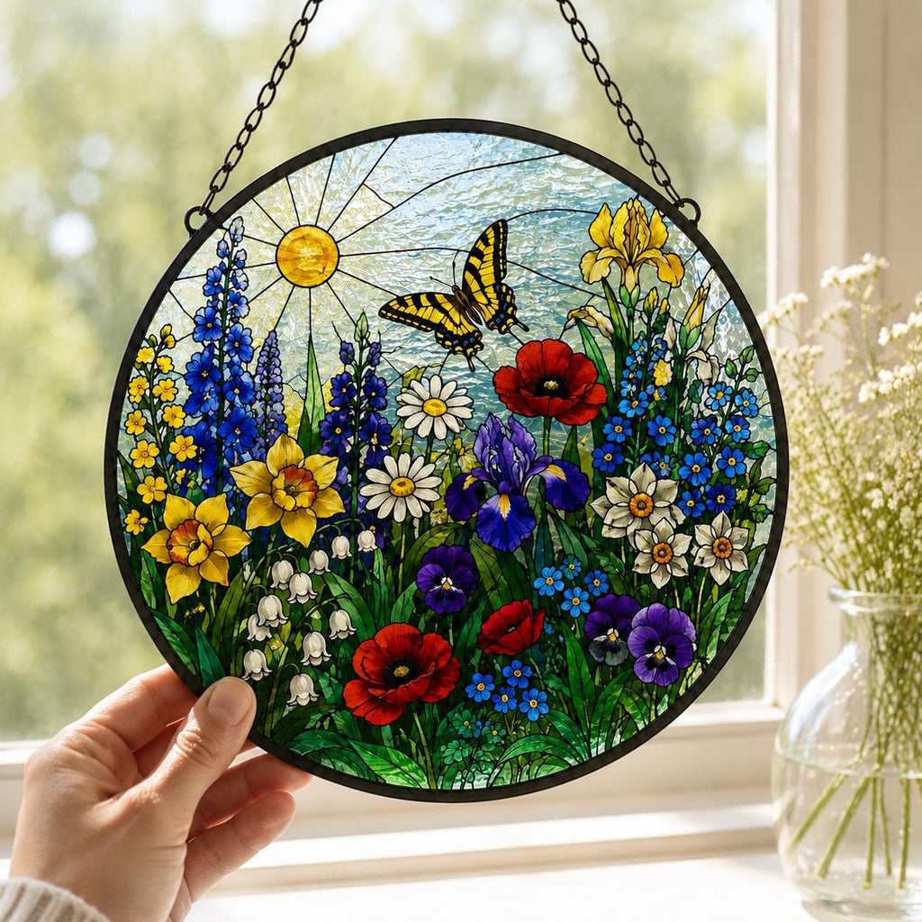 Stained Glass Floral Meadow Suncatcher, Rainbow Garden Window Hanging, Wildflower Glass Art, Gift for Mom and Grandma, Botanical Home Decor