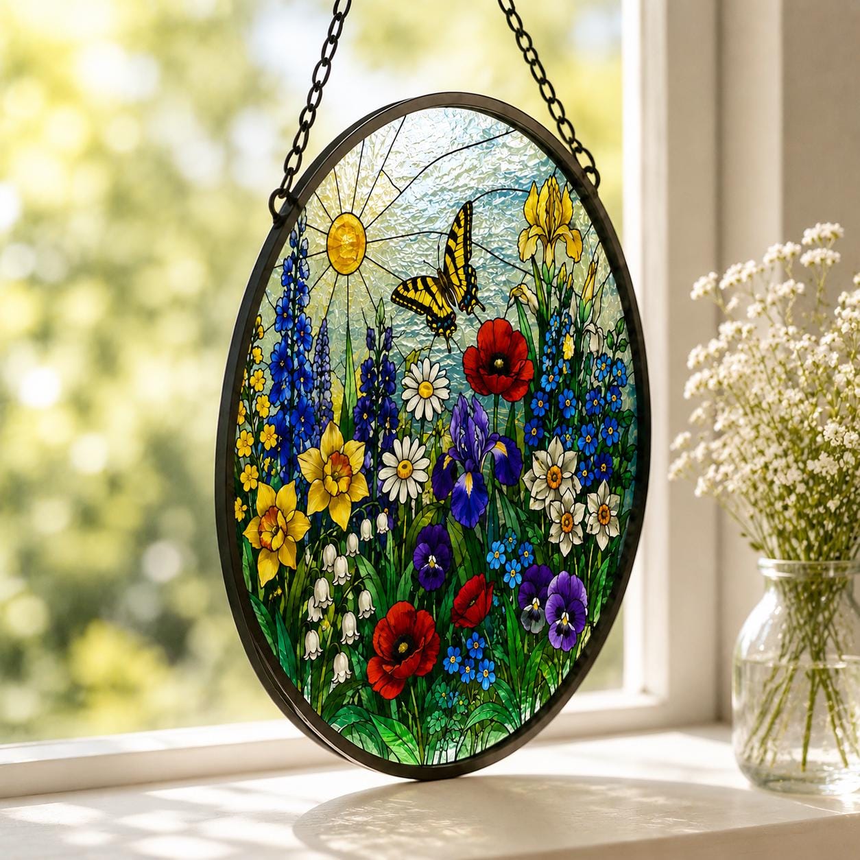 Stained Glass Floral Meadow Suncatcher, Rainbow Garden Window Hanging, Wildflower Glass Art, Gift for Mom and Grandma, Botanical Home Decor