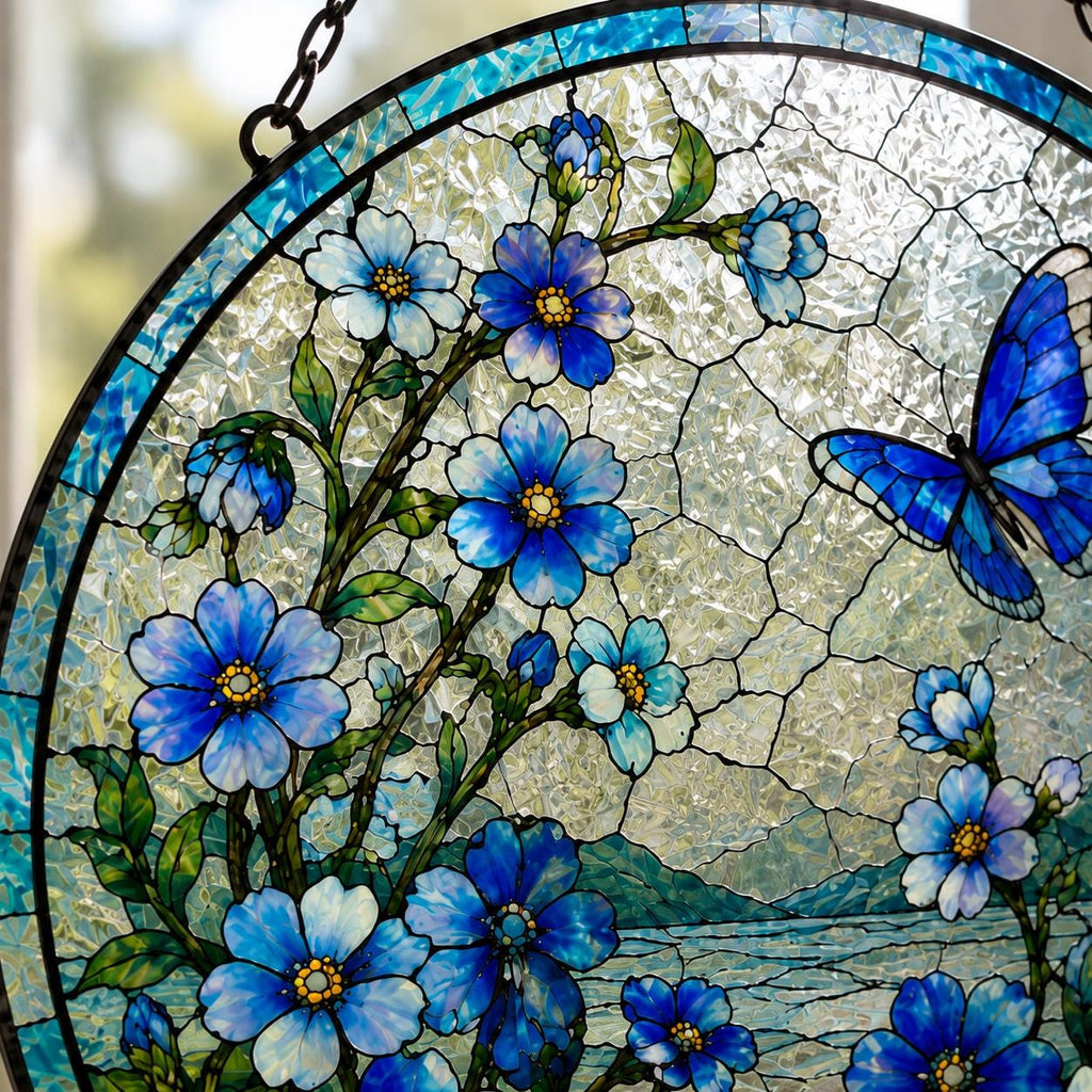 Forget Me Not and Butterfly Glass Suncatcher, Flower Hanging Decor, Floral Lover Sun Catcher, Present For Mom, Grandma, Sympathy Gifts