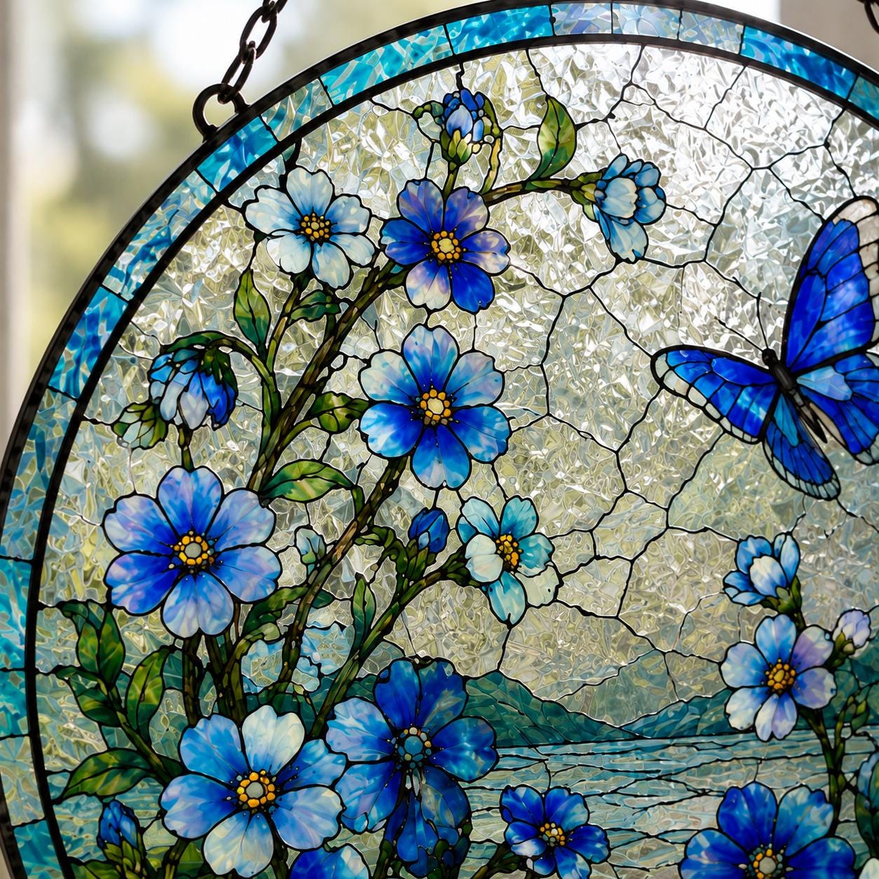 Forget Me Not and Butterfly Glass Suncatcher, Flower Hanging Decor, Floral Lover Sun Catcher, Present For Mom, Grandma, Sympathy Gifts