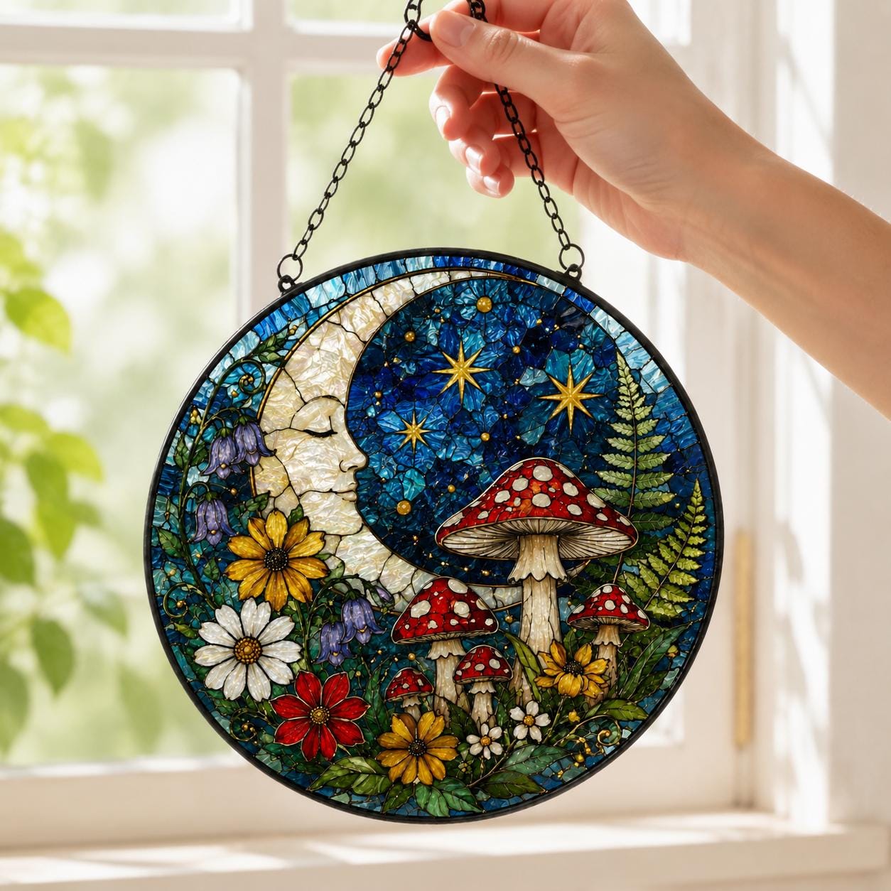 Mushroom Suncatcher, Stained Glass Mushrooms Cottagecore Home Decor, Fly Mushroom Moon Window Hanging Art, Birthday Gift For Her Mom Grandma