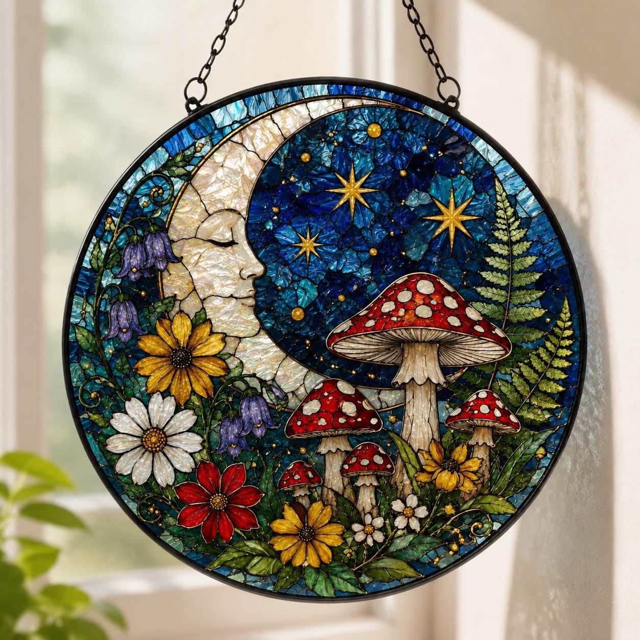 Mushroom Suncatcher, Stained Glass Mushrooms Cottagecore Home Decor, Fly Mushroom Moon Window Hanging Art, Birthday Gift For Her Mom Grandma