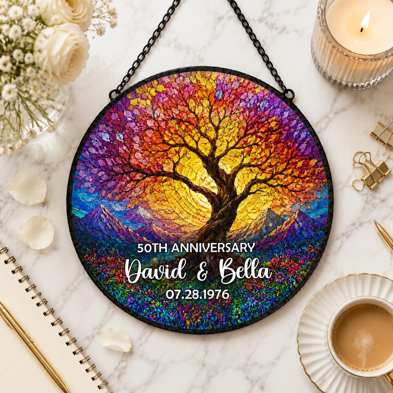 Personalized Tree of Life Anniversary Suncatcher With Name & Date, Custom 50th Wedding Anniversary Stained Glass Gift For Parents