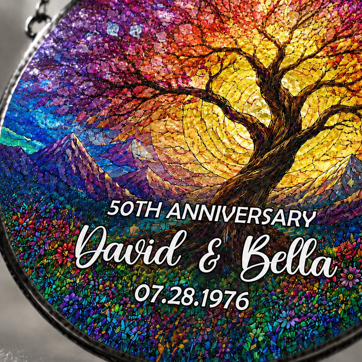 Personalized Tree of Life Anniversary Suncatcher With Name & Date, Custom 50th Wedding Anniversary Stained Glass Gift For Parents