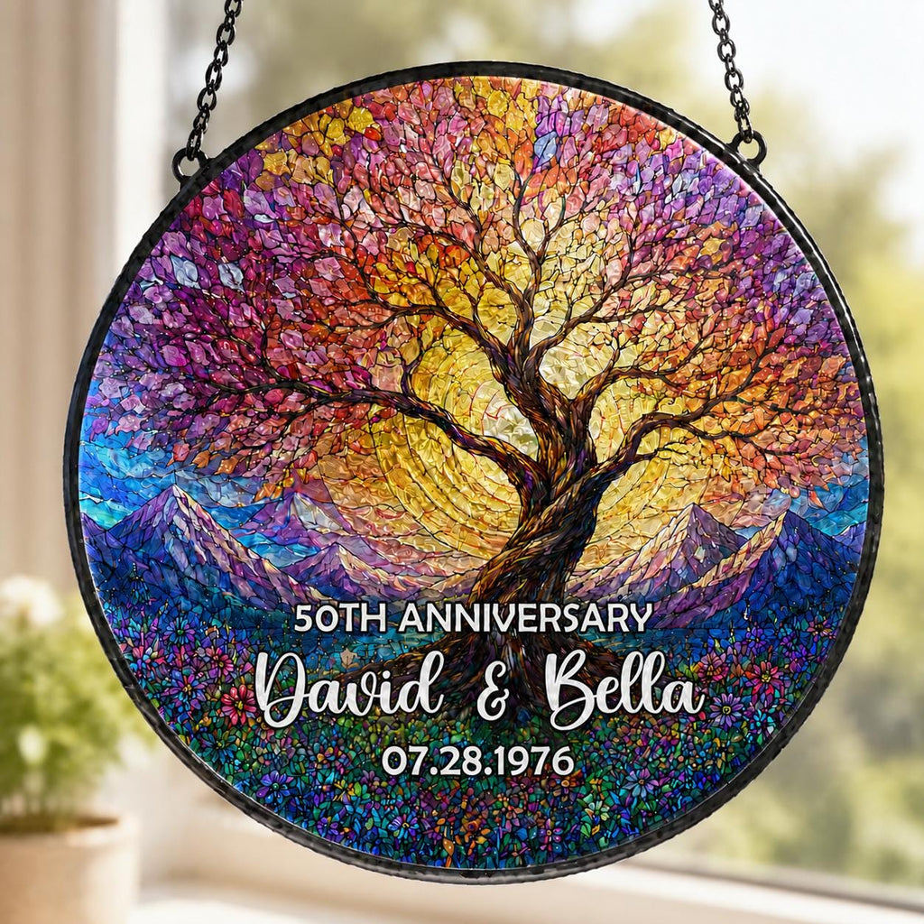 Personalized Tree of Life Anniversary Suncatcher With Name & Date, Custom 50th Wedding Anniversary Stained Glass Gift For Parents