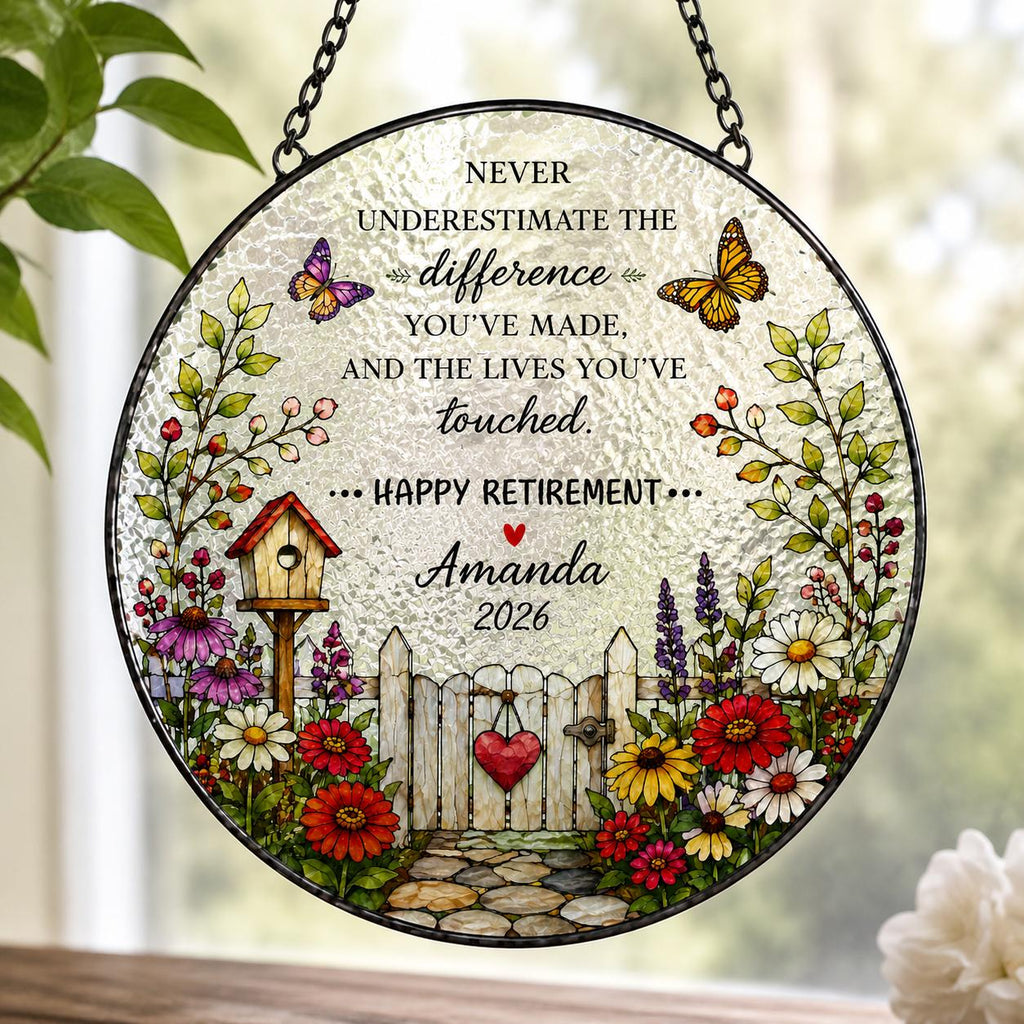 Retirement Stained Glass Suncatcher, Personalized Floral Retirement Window Decor, Colleague Retirement Keepsake, Coworker Gift, Grandma Gift