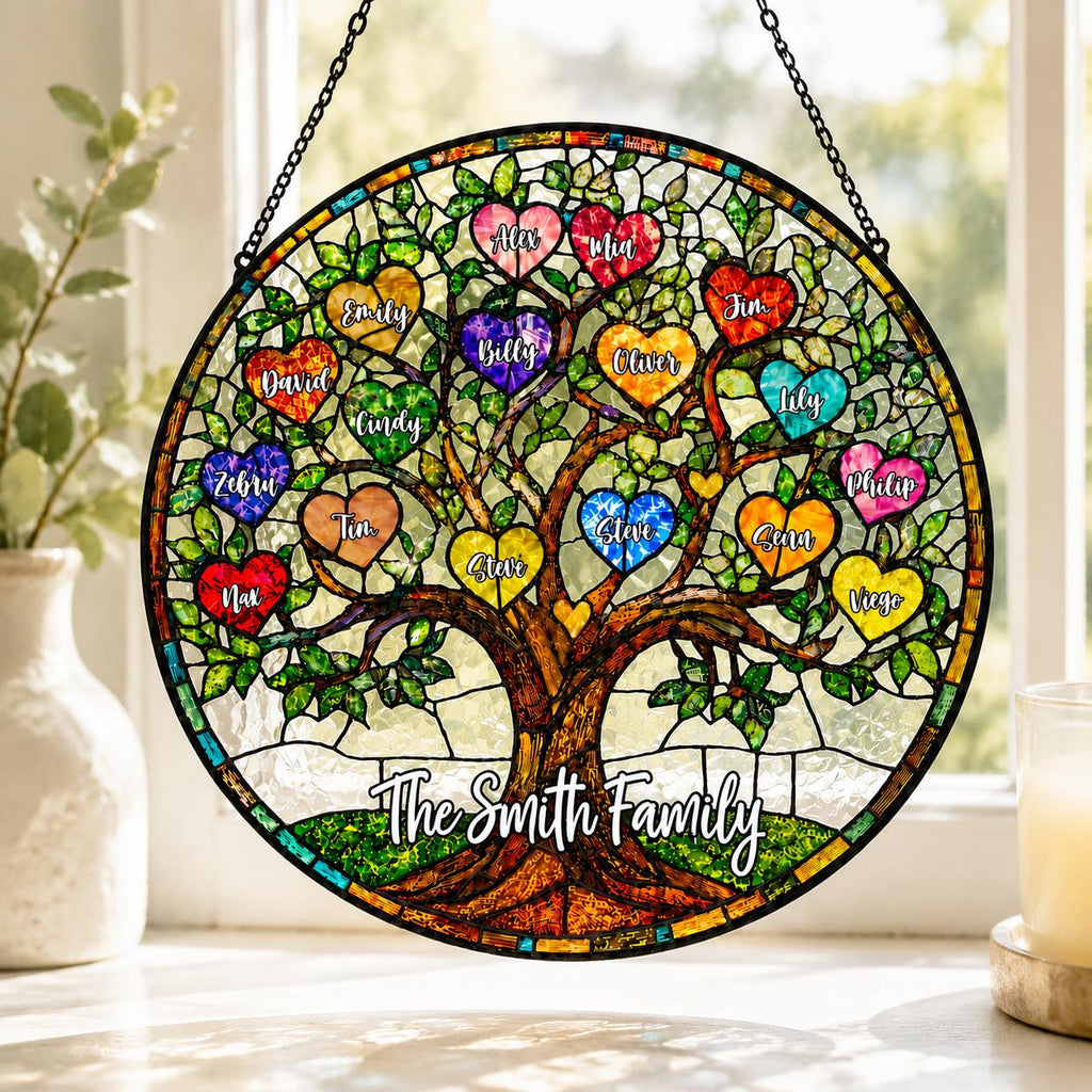 Family Unbreakable Bond Tree Of Life Personalized Stained Glass Window Hanging Suncatcher, Mother's Day Gift, Birth Flower Gifts