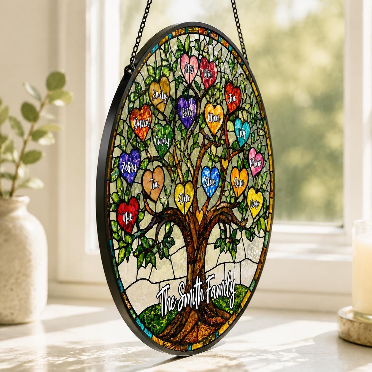 Family Unbreakable Bond Tree Of Life Personalized Stained Glass Window Hanging Suncatcher, Mother's Day Gift, Birth Flower Gifts