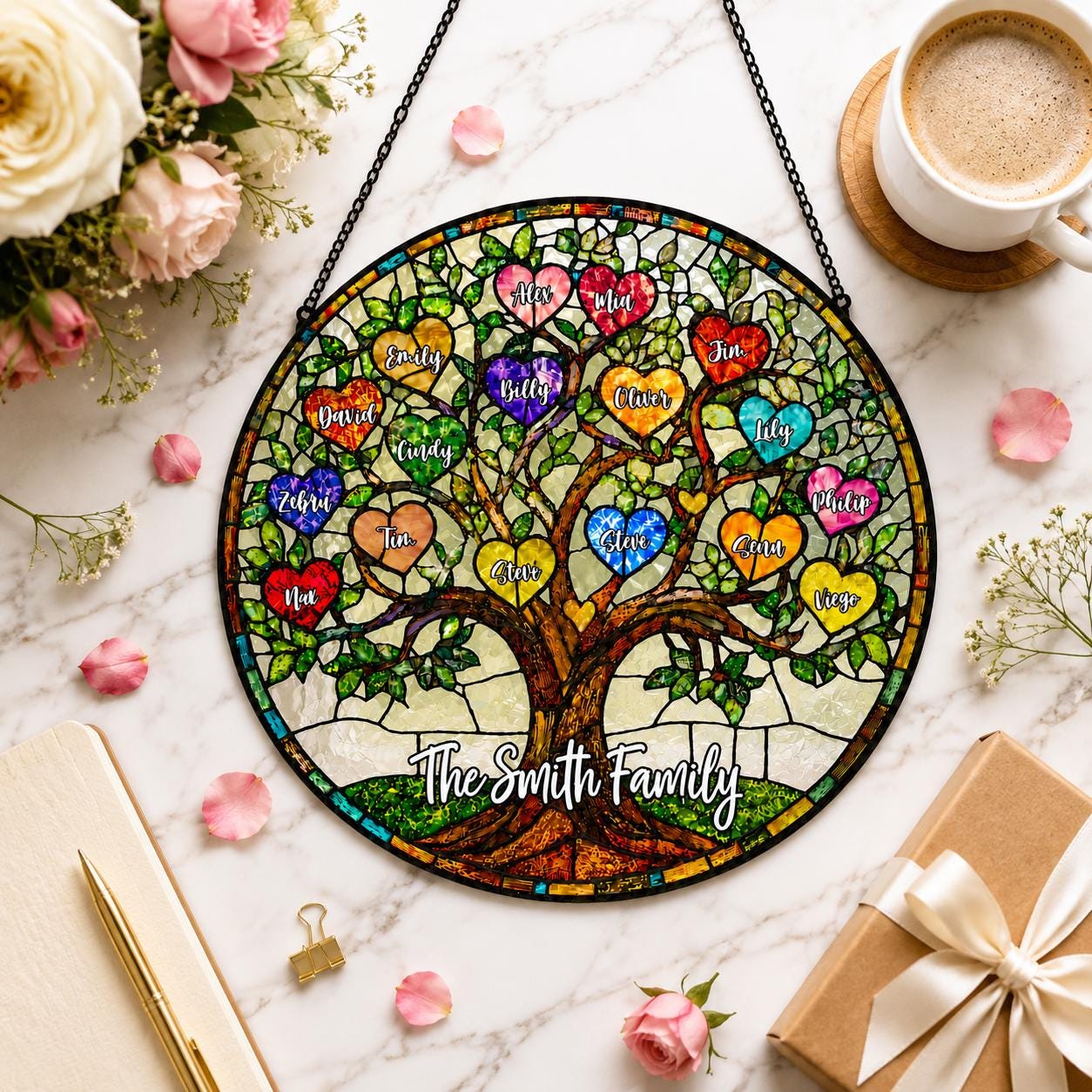 Family Unbreakable Bond Tree Of Life Personalized Stained Glass Window Hanging Suncatcher, Mother's Day Gift, Birth Flower Gifts
