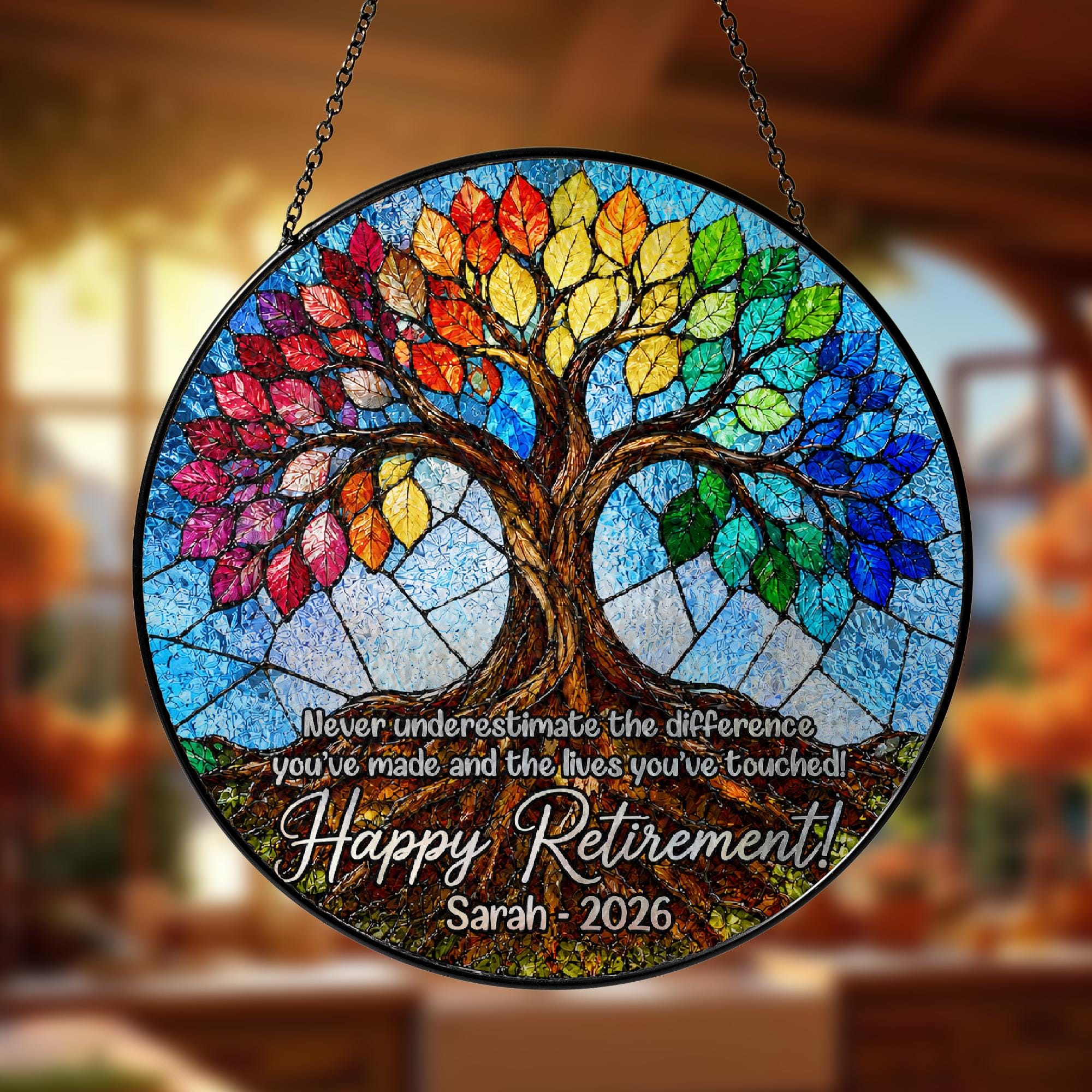Customized Stained Glass Retirement Suncatcher, Personalized Floral Window Decor, Keepsake for Retired Coworker