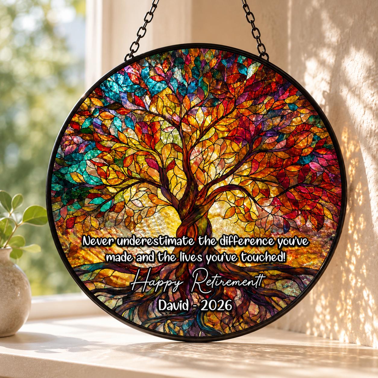Tree of Life Retired Glass Suncatcher, Personalized Retirement Gift 2025, Farewell Gift for Teacher, Nurse, Coworker, Retirement Keepsake