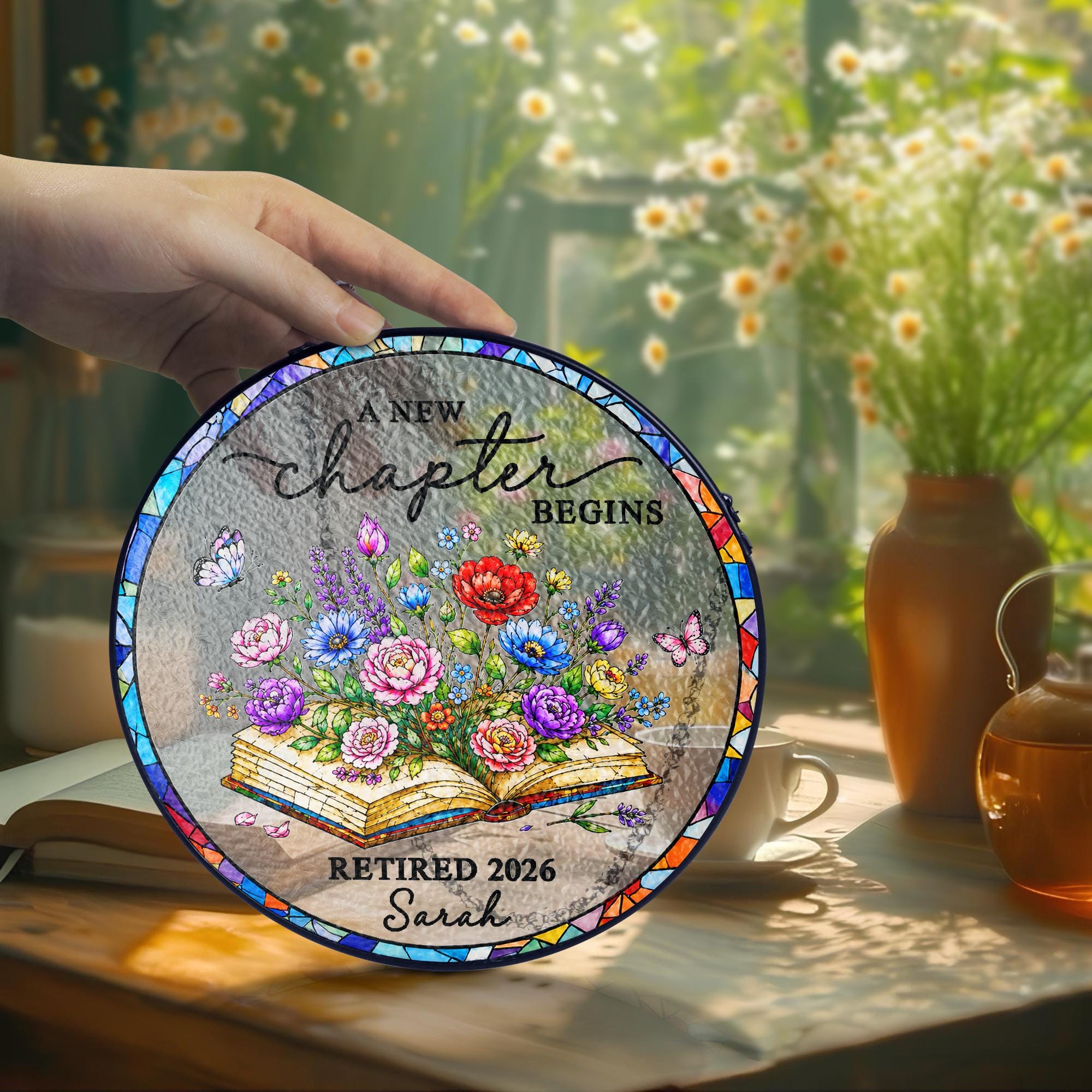 Personalized Retirement Stained Glass Suncatcher, Floral Book Retirement Gift, Retirement Keepsake, Teacher Gifts, Gift for Coworkers