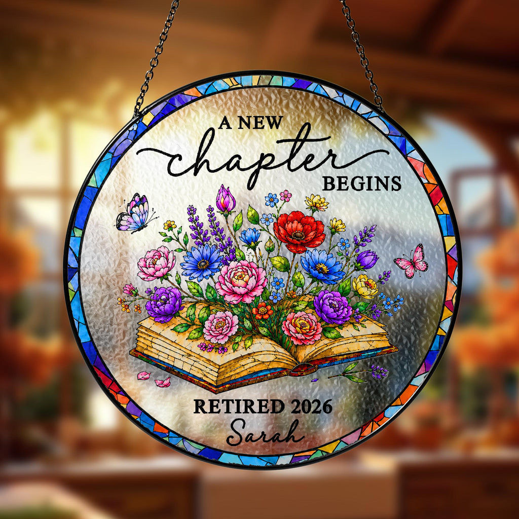 Personalized Retirement Stained Glass Suncatcher, Floral Book Retirement Gift, Retirement Keepsake, Teacher Gifts, Gift for Coworkers