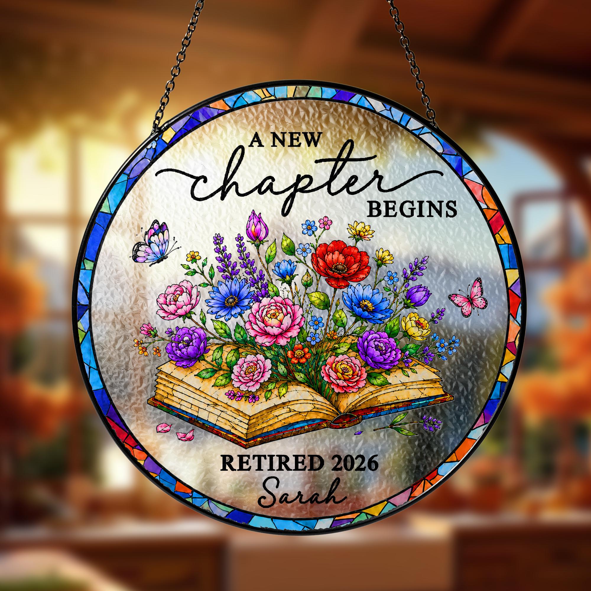 Personalized Retirement Stained Glass Suncatcher, Floral Book Retirement Gift, Retirement Keepsake, Teacher Gifts, Gift for Coworkers