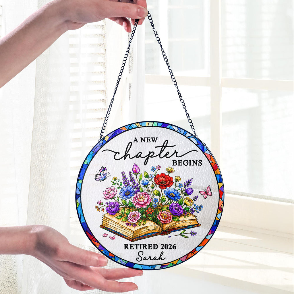Personalized Retirement Stained Glass Suncatcher, Floral Book Retirement Gift, Retirement Keepsake, Teacher Gifts, Gift for Coworkers