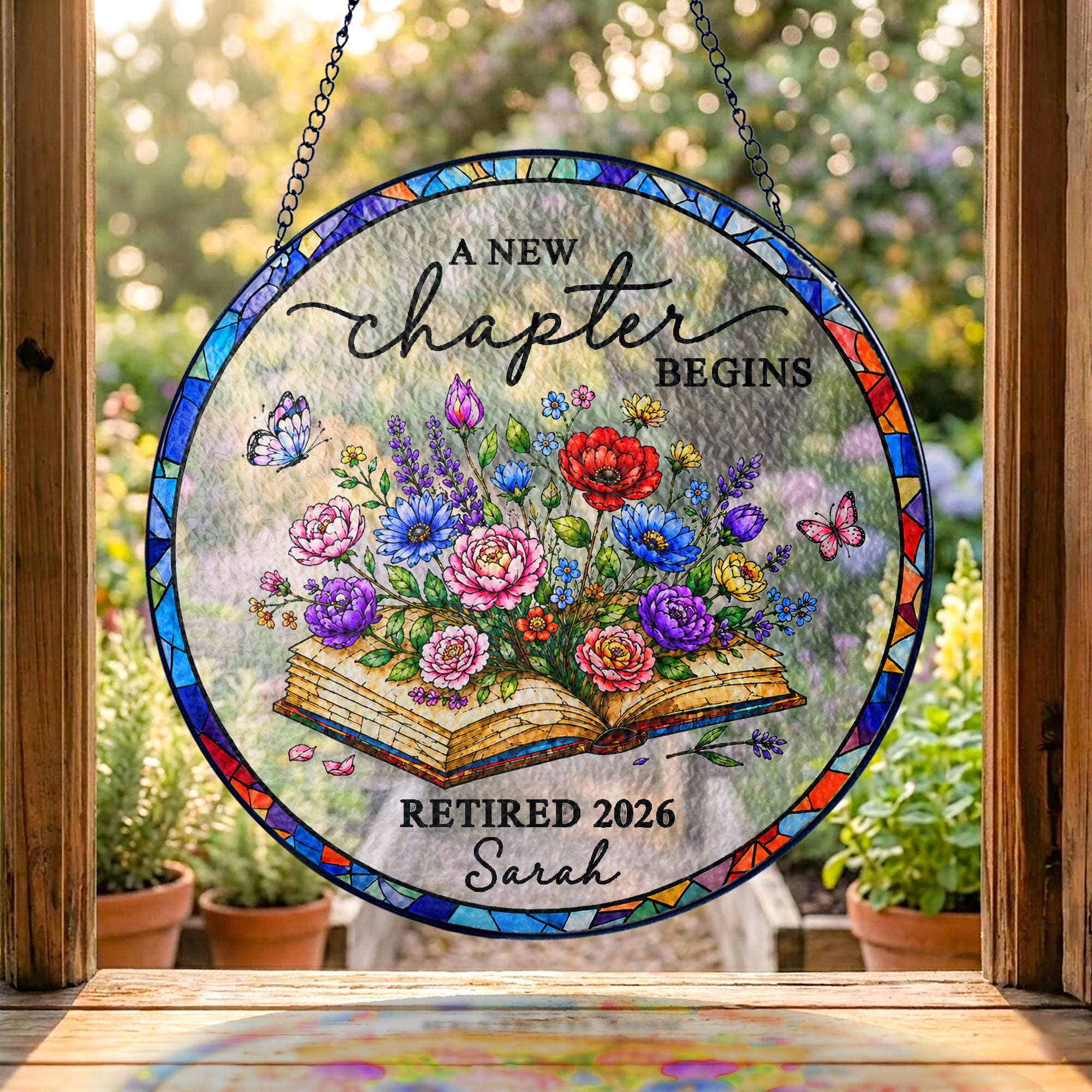 Personalized Retirement Stained Glass Suncatcher, Floral Book Retirement Gift, Retirement Keepsake, Teacher Gifts, Gift for Coworkers