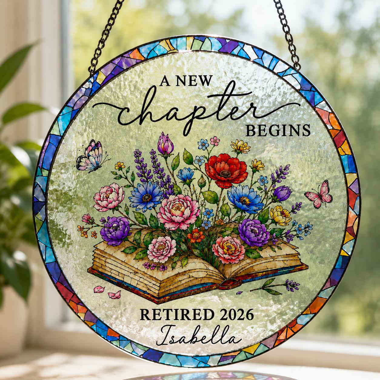 Personalized Retirement Stained Glass Suncatcher, Floral Book Retirement Gift, Retirement Keepsake, Teacher Gifts, Gift for Coworkers