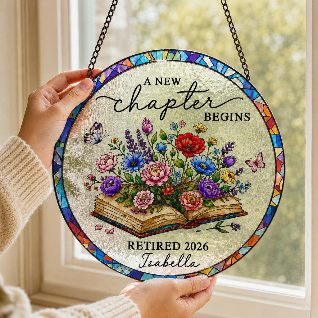 Personalized Retirement Stained Glass Suncatcher, Floral Book Retirement Gift, Retirement Keepsake, Teacher Gifts, Gift for Coworkers