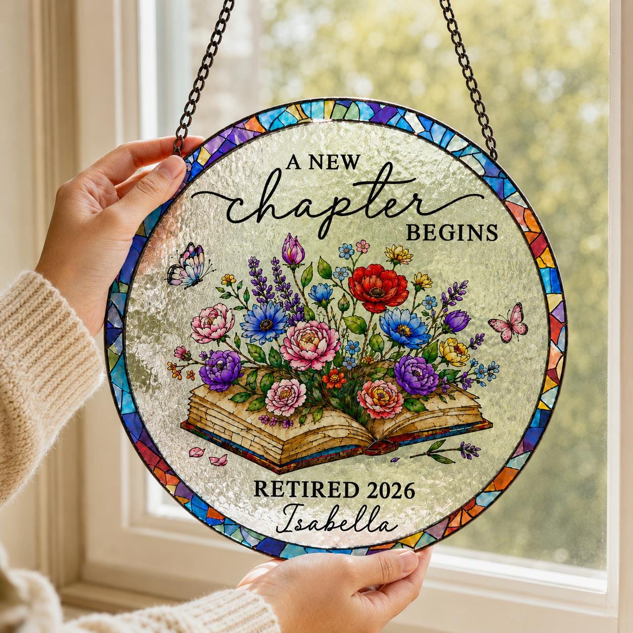 Personalized Retirement Stained Glass Suncatcher, Floral Book Retirement Gift, Retirement Keepsake, Teacher Gifts, Gift for Coworkers