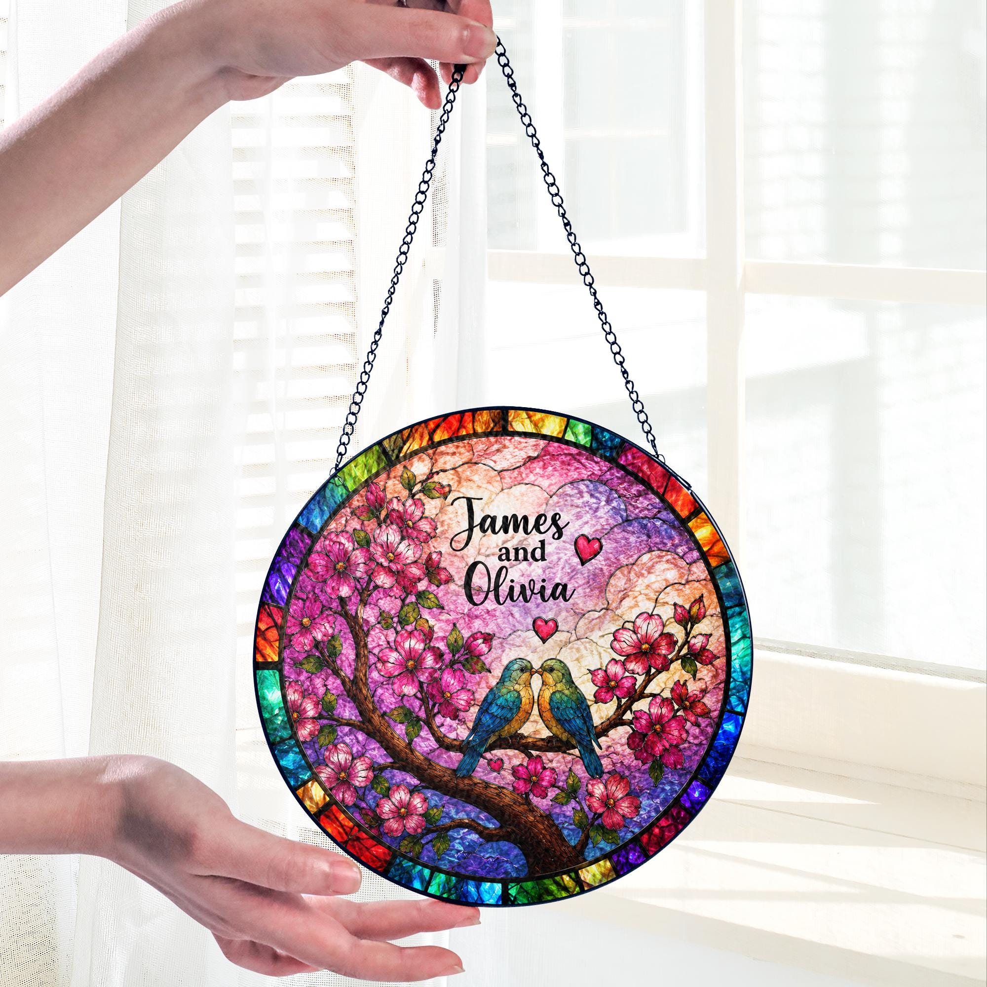 Personalized Couple Tree Heart Stained Glass Suncatcher, Custom Name Window Hanging Gift for Anniversary, Wedding or Valentine's Day
