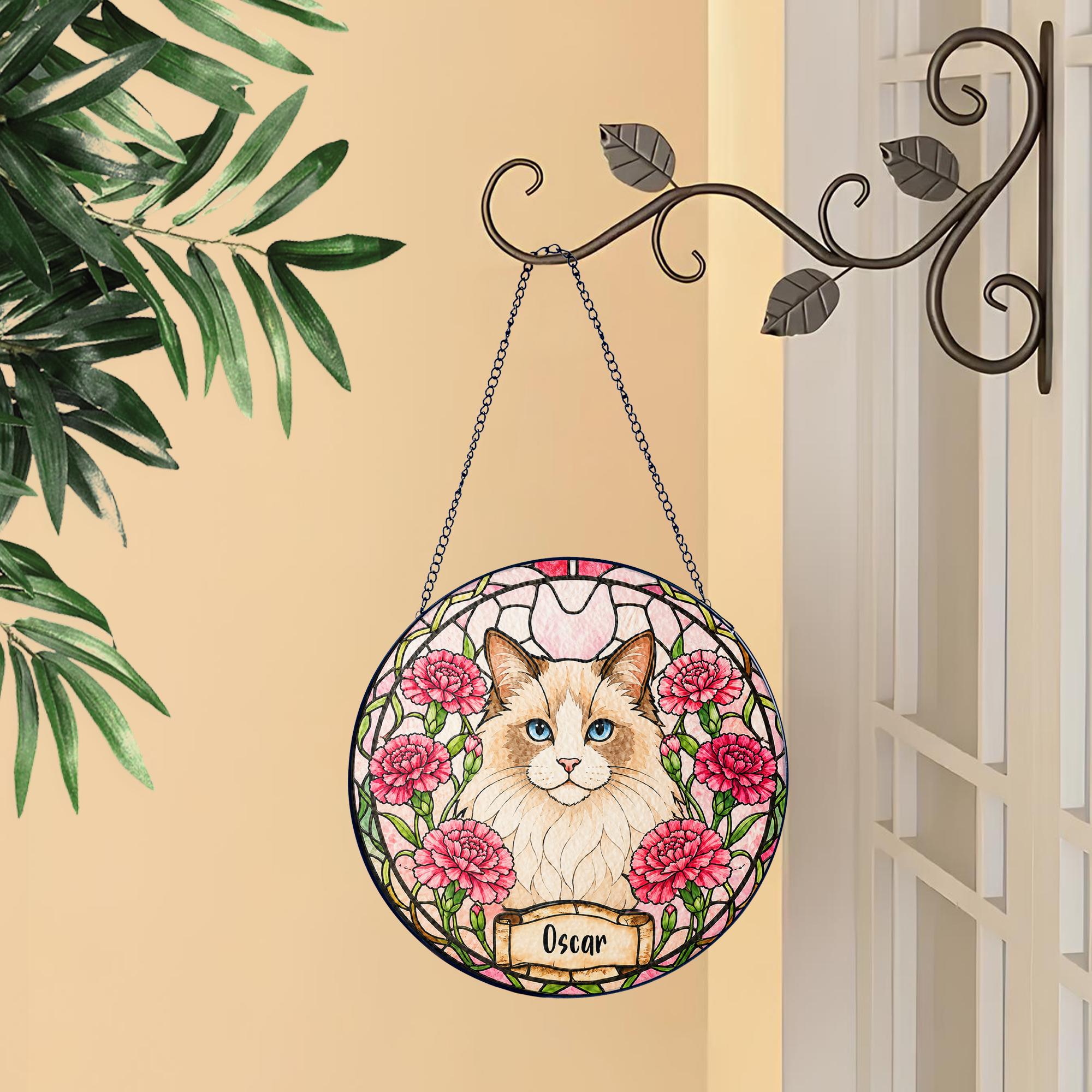Custom Pet Portrait Birth Flower Stained Glass Suncatcher, Personalized Pet Memorial Gift, Birth Month Flower Dog Photo, Pet Loss Keepsake