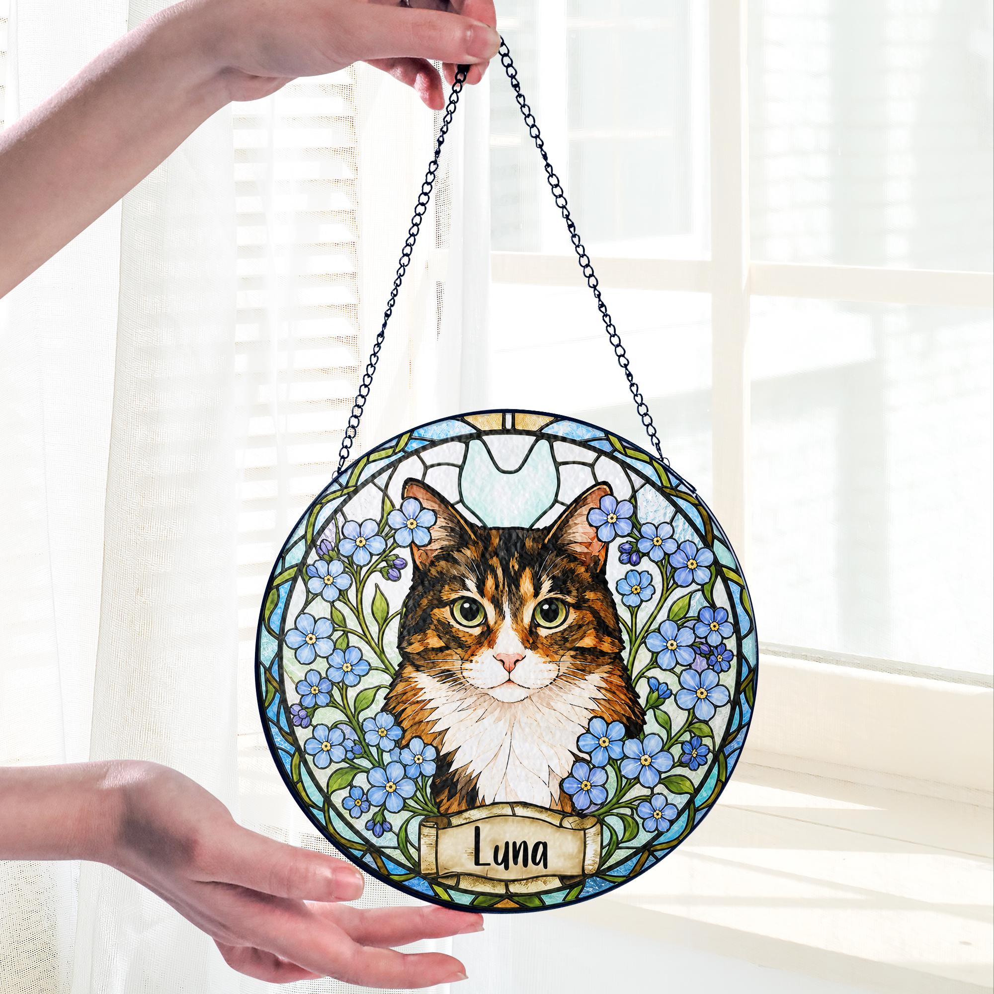 Custom Pet Portrait Birth Flower Stained Glass Suncatcher, Personalized Pet Memorial Gift, Birth Month Flower Dog Photo, Pet Loss Keepsake