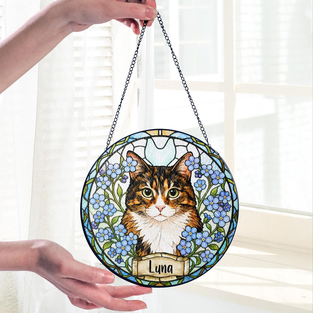 Custom Dog Portrait Birth Flower Stained Glass Suncatcher, Personalized Pet Memorial Gift, Birth Month Flower Dog Photo, Pet Loss Keepsake