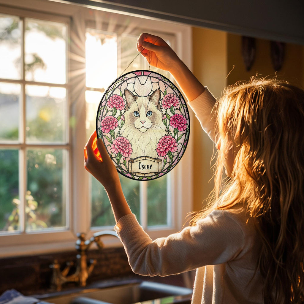 Custom Dog Portrait Birth Flower Stained Glass Suncatcher, Personalized Pet Memorial Gift, Birth Month Flower Dog Photo, Pet Loss Keepsake