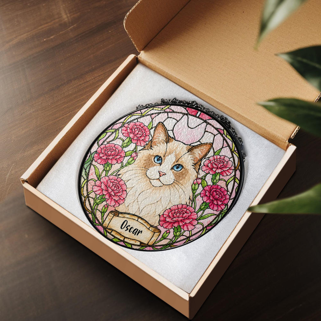 Custom Pet Portrait Birth Flower Stained Glass Suncatcher, Personalized Pet Memorial Gift, Birth Month Flower Dog Photo, Pet Loss Keepsake