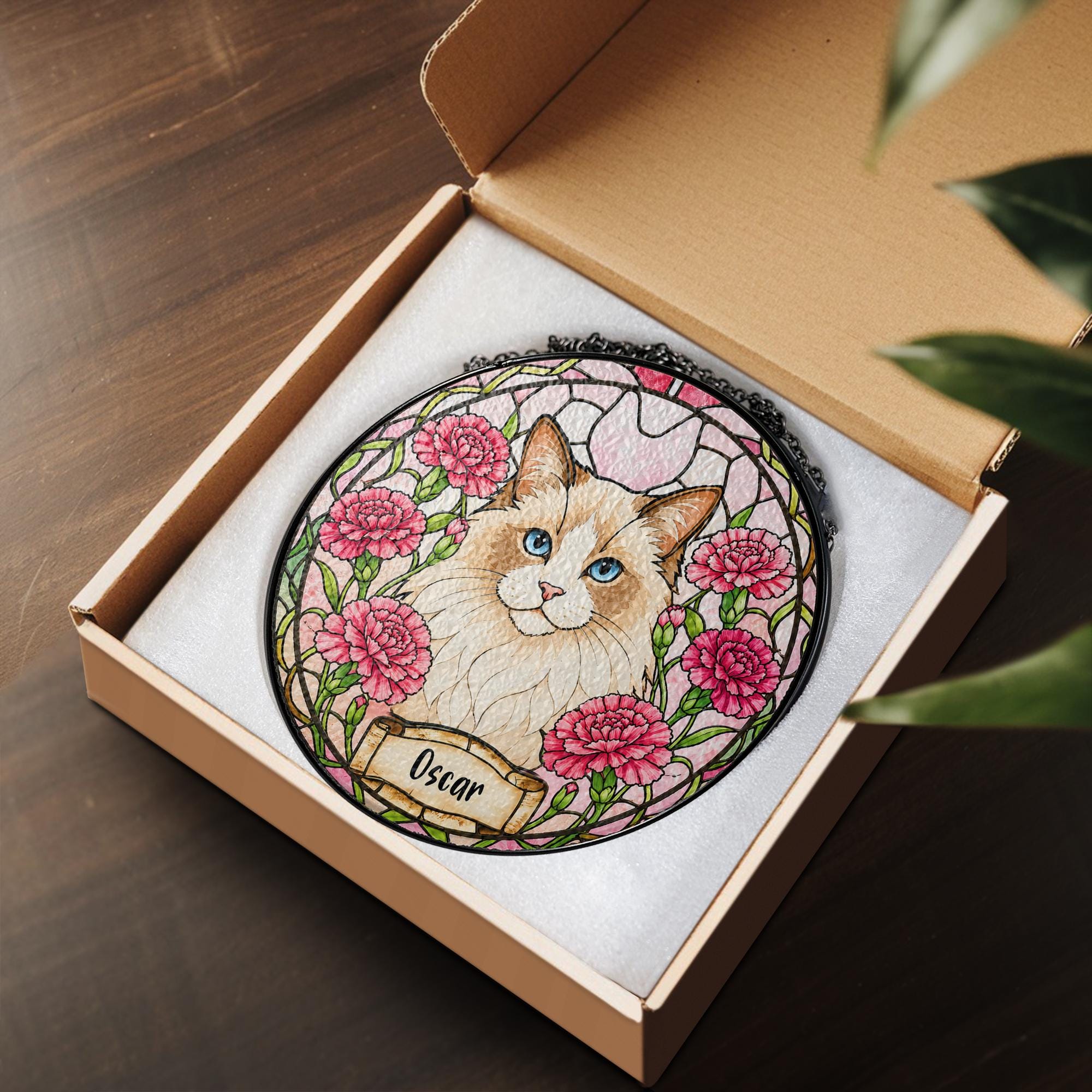 Custom Pet Portrait Birth Flower Stained Glass Suncatcher, Personalized Pet Memorial Gift, Birth Month Flower Dog Photo, Pet Loss Keepsake