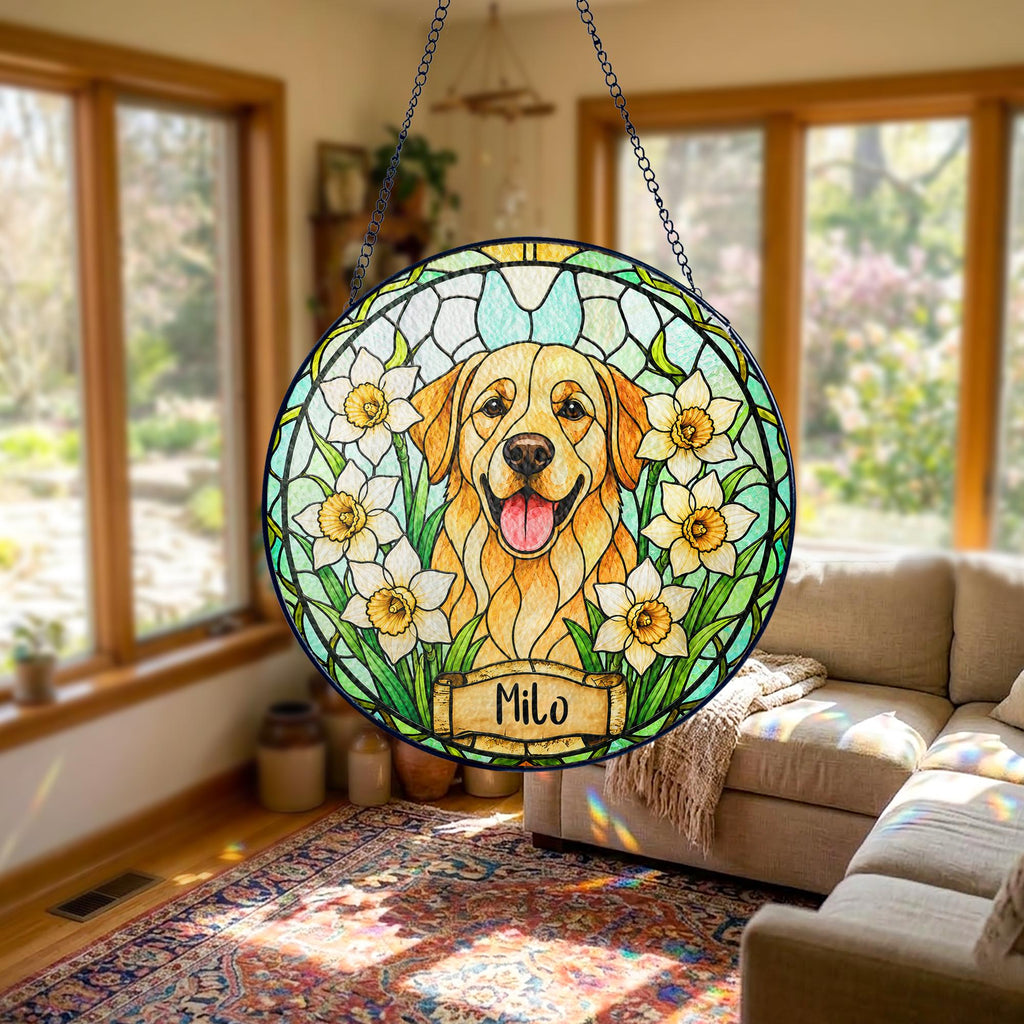 Custom Pet Portrait Birth Flower Stained Glass Suncatcher, Personalized Pet Memorial Gift, Birth Month Flower Dog Photo, Pet Loss Keepsake