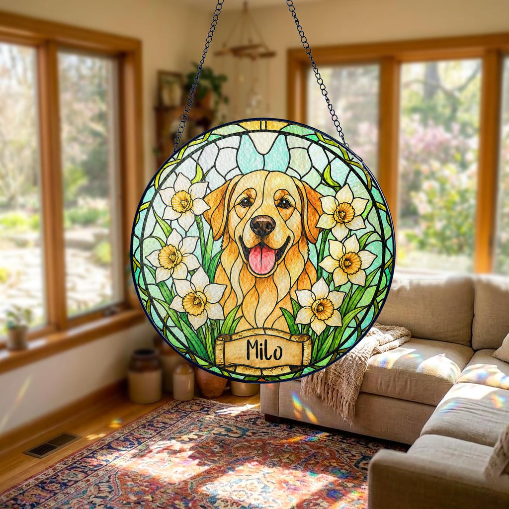 Custom Dog Portrait Birth Flower Stained Glass Suncatcher, Personalized Pet Memorial Gift, Birth Month Flower Dog Photo, Pet Loss Keepsake