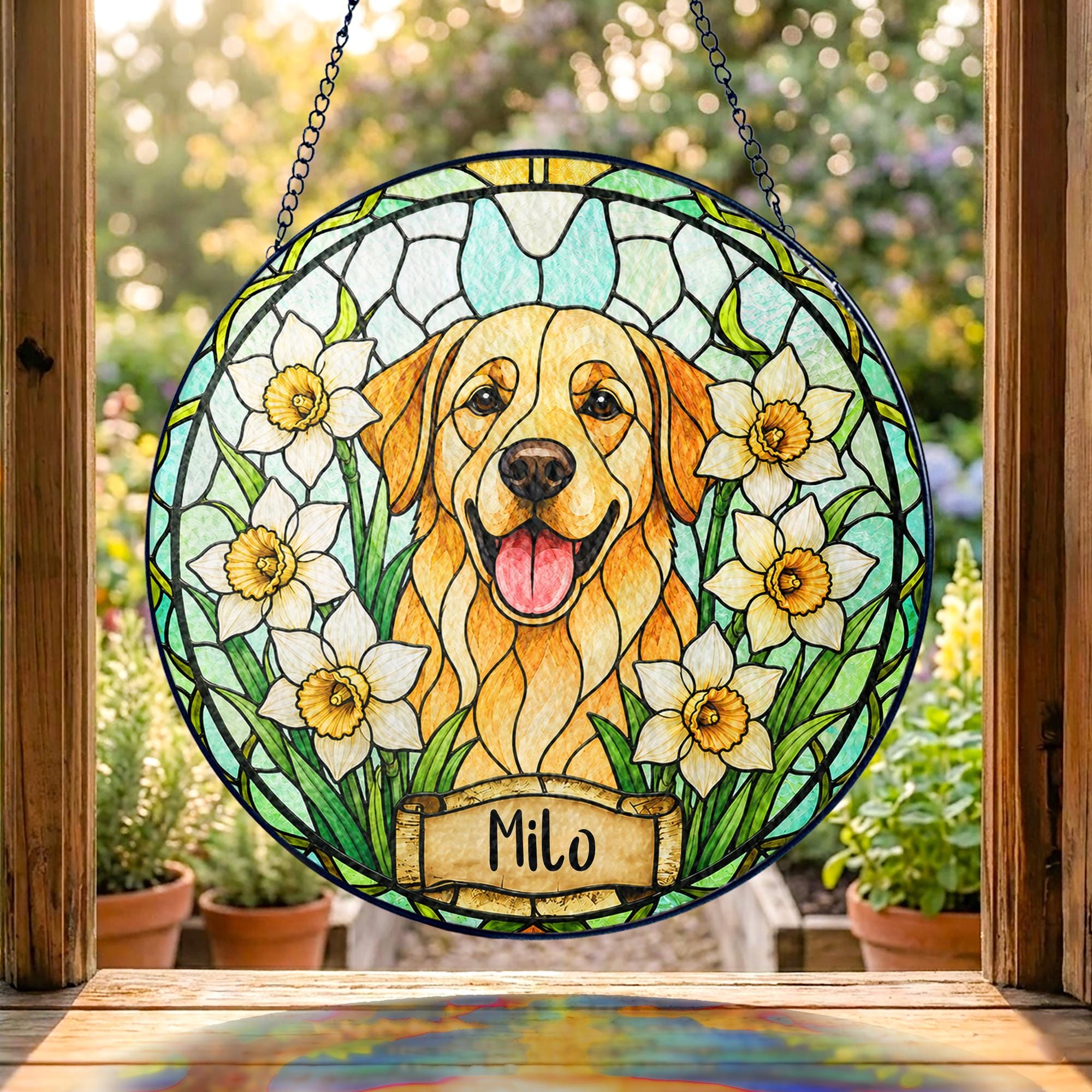 Custom Pet Portrait Birth Flower Stained Glass Suncatcher, Personalized Pet Memorial Gift, Birth Month Flower Dog Photo, Pet Loss Keepsake