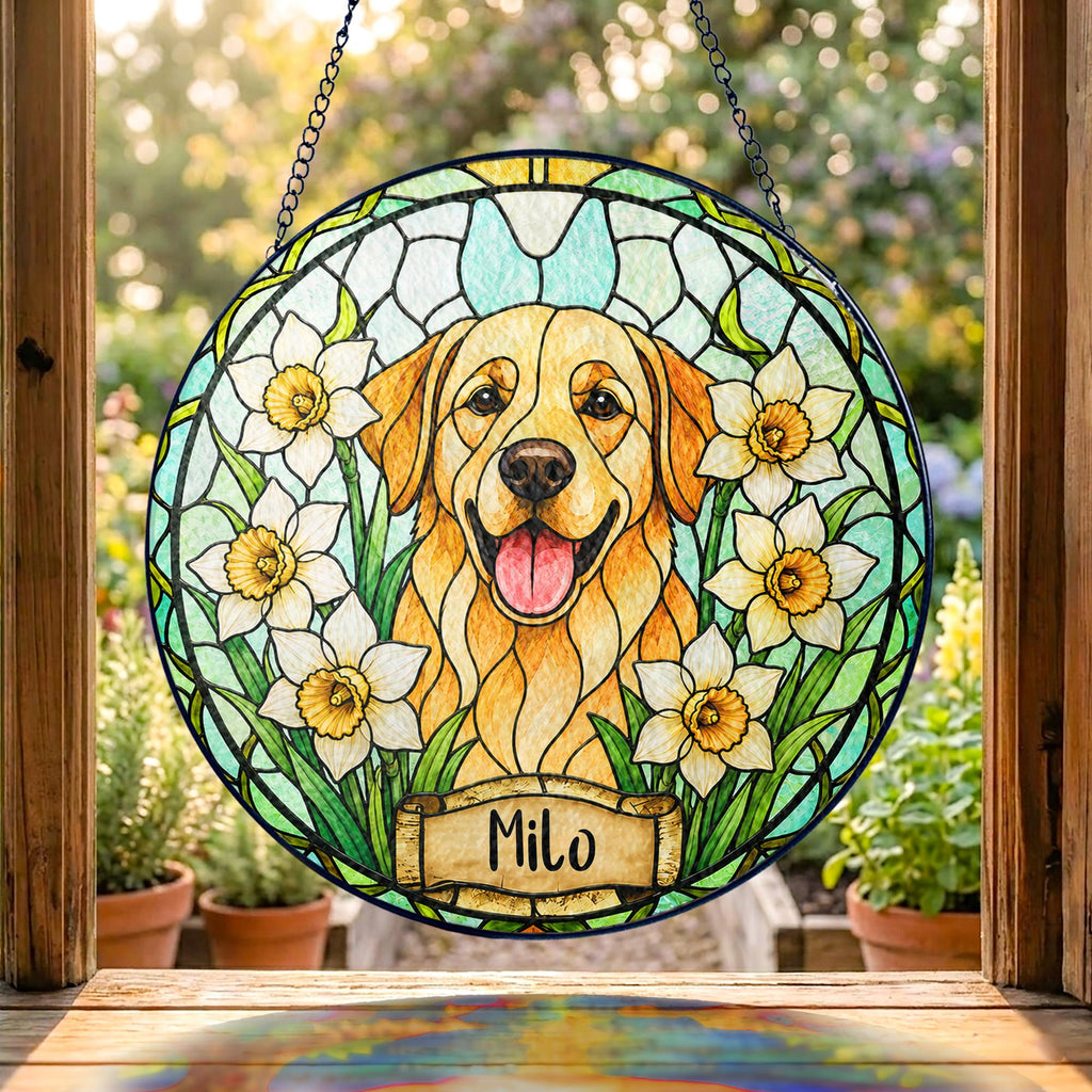 Custom Dog Portrait Birth Flower Stained Glass Suncatcher, Personalized Pet Memorial Gift, Birth Month Flower Dog Photo, Pet Loss Keepsake