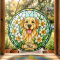 Custom Dog Portrait Birth Flower Stained Glass Suncatcher, Personalized Pet Memorial Gift, Birth Month Flower Dog Photo, Pet Loss Keepsake