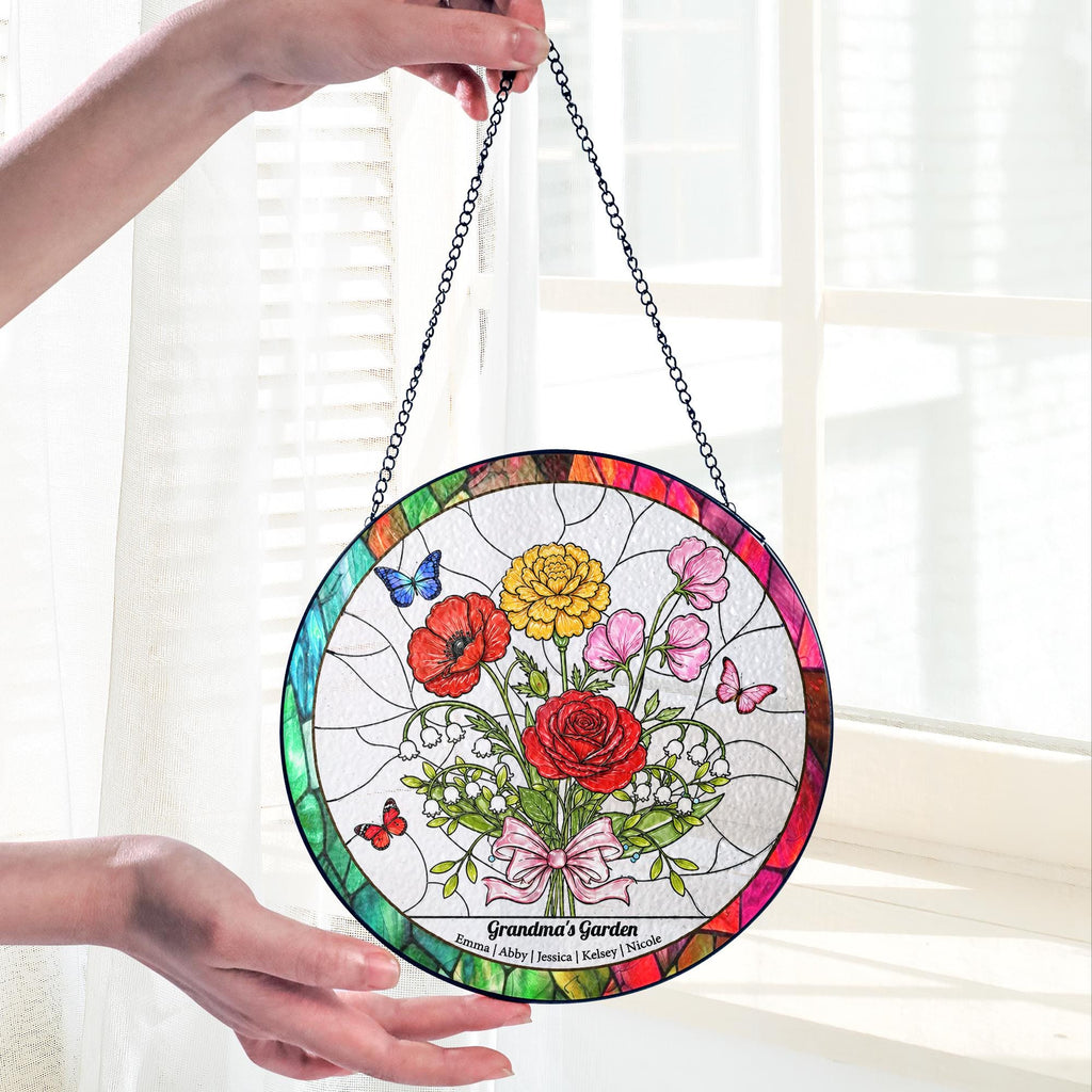 Personalized Birth Flower Stained Glass Suncatcher, Family Bouquet Window Hanging, Mothers Day Gift for Mom or Grandma