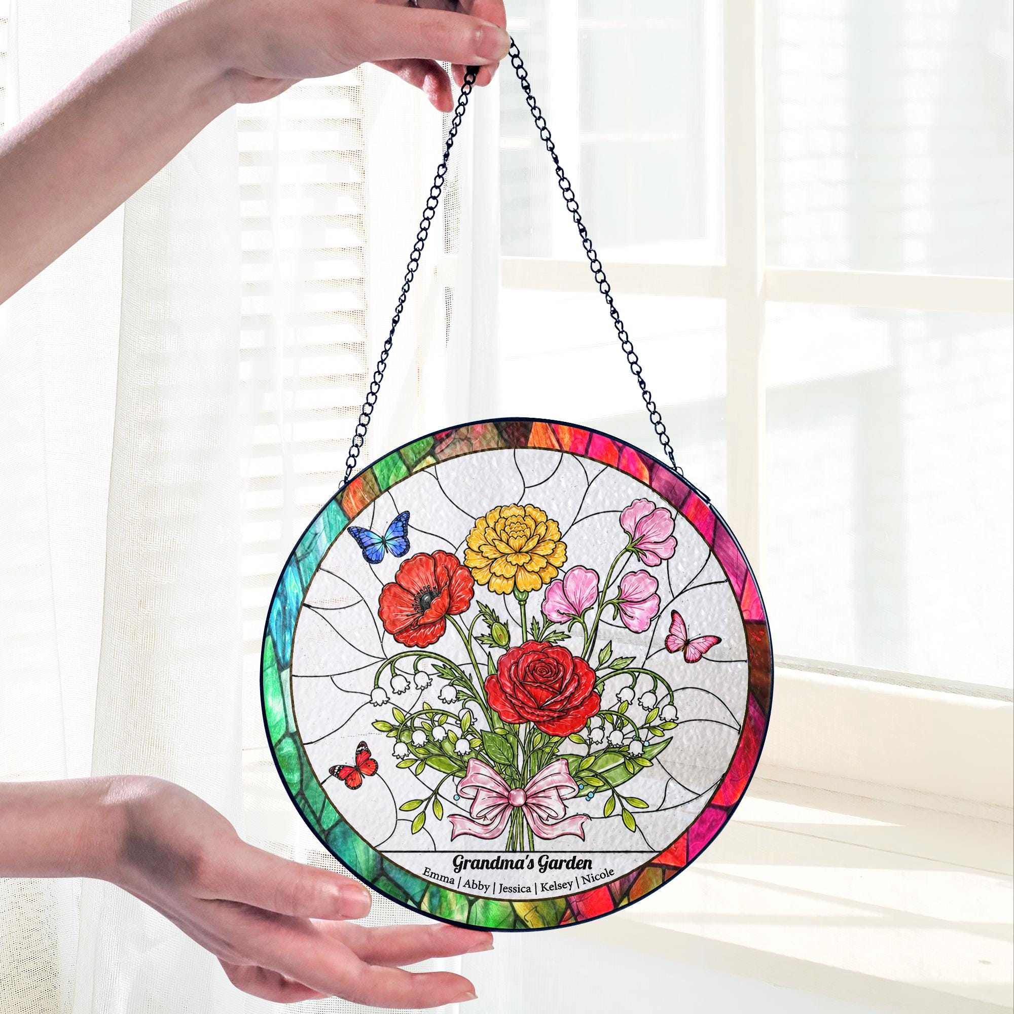 Personalized Birth Flower Stained Glass Suncatcher, Family Bouquet Window Hanging, Mothers Day Gift for Mom or Grandma