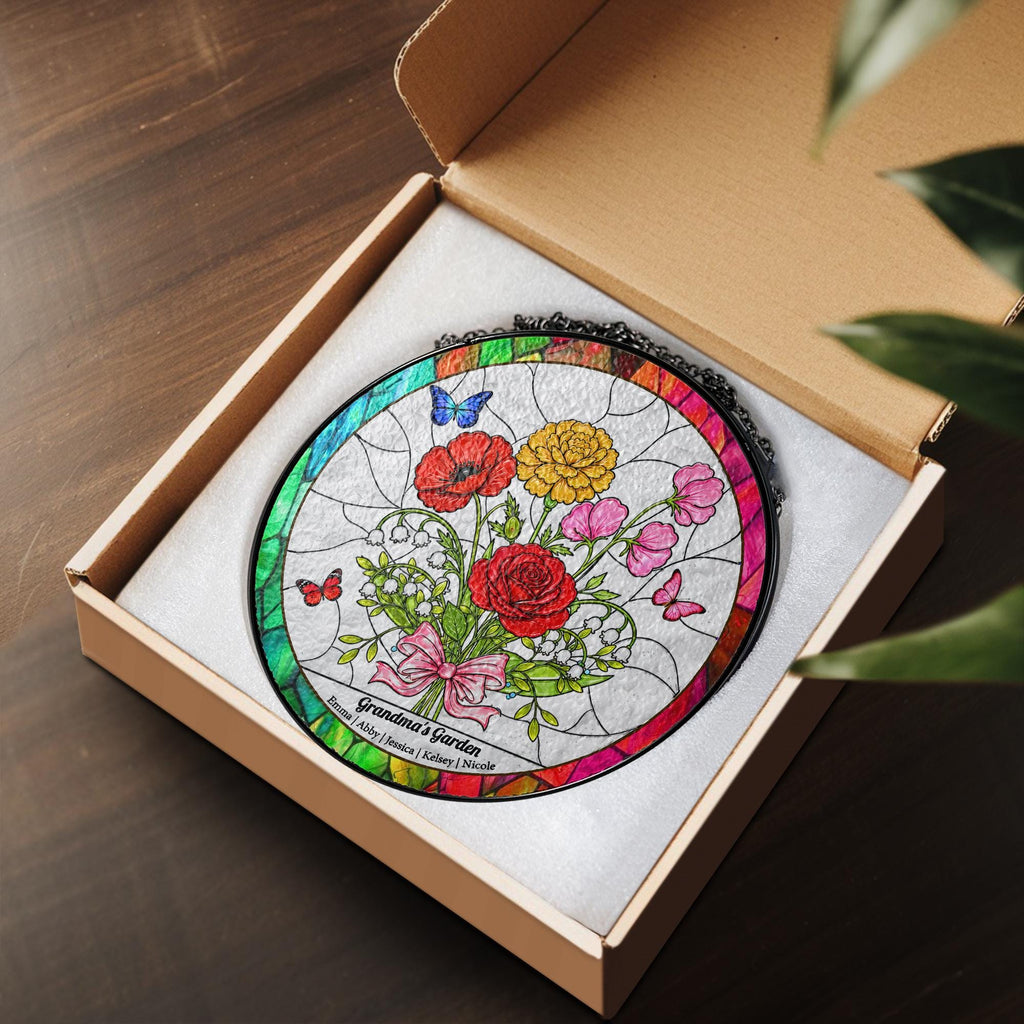 Personalized Birth Flower Stained Glass Suncatcher, Family Bouquet Window Hanging, Mothers Day Gift for Mom or Grandma