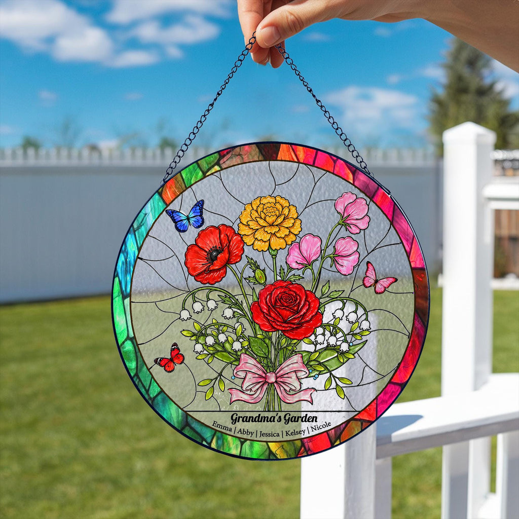 Personalized Birth Flower Stained Glass Suncatcher, Family Bouquet Window Hanging, Mothers Day Gift for Mom or Grandma