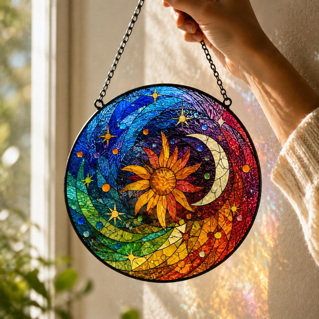 Celestial Stained Glass Suncatcher, Sun Moon Star Window Hanging, Rainbow Glass Art, Boho Decor, Birthday Gift for Mom, Celestial Decor
