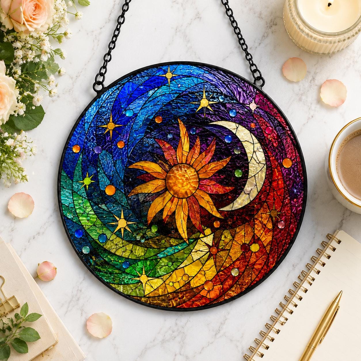 Celestial Stained Glass Suncatcher, Sun Moon Star Window Hanging, Rainbow Glass Art, Boho Decor, Birthday Gift for Mom, Celestial Decor